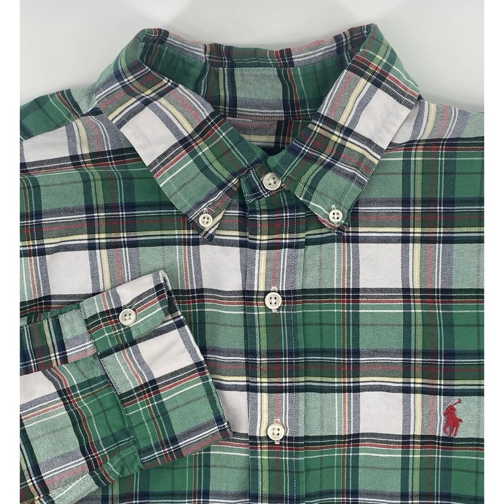 Polo Ralph Lauren Button Down Men Lg Green Plaid Custom Fit Long Sleeve Preppy
